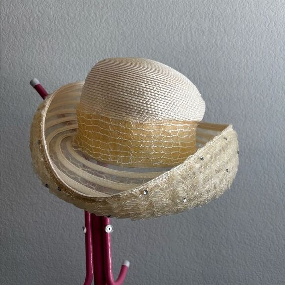 Women's Ivory Wide Brim Straw Hat with Sequins & Floral Appliqué - Picture 3 of 10